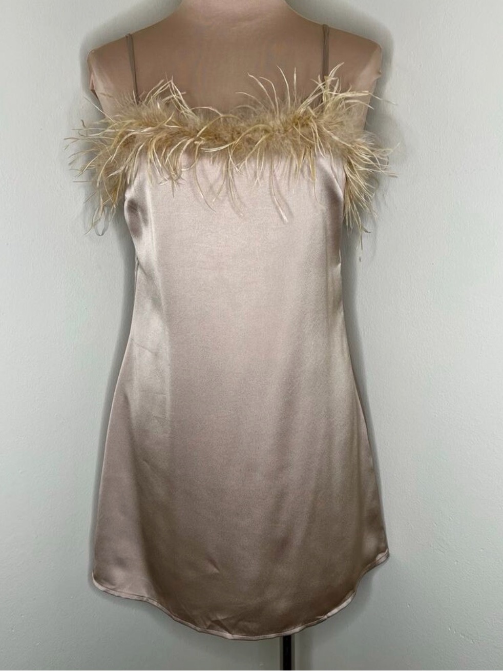 Feather-Trim Satin Slip Dress - Blush